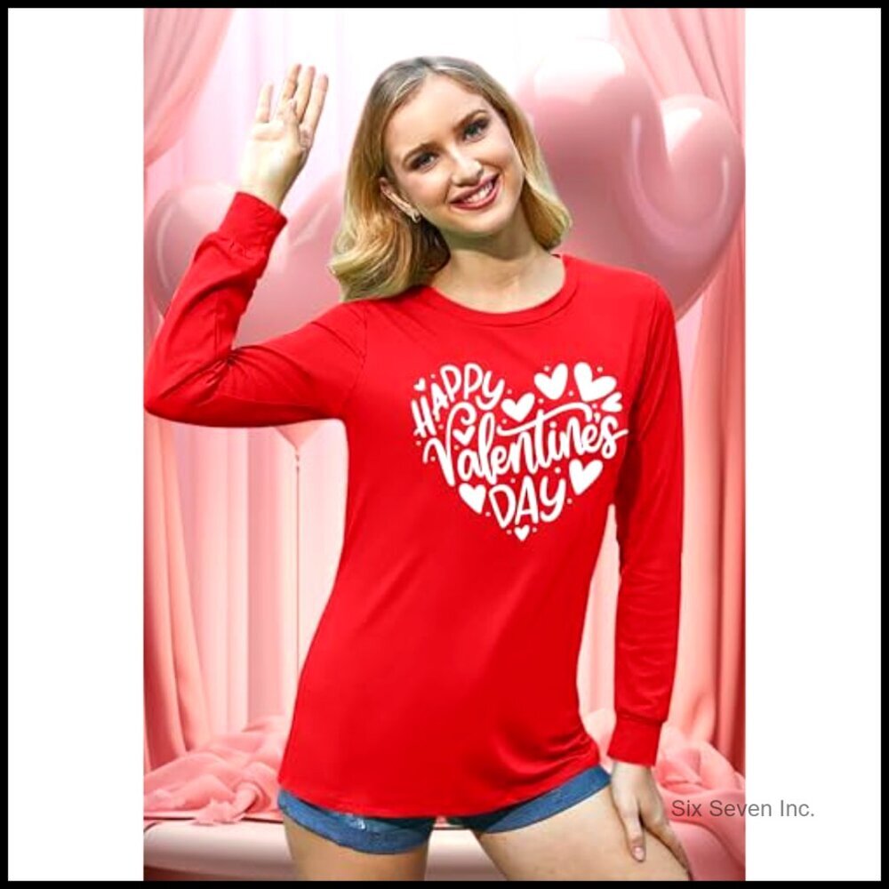 Long Sleeve Love Heart Graphic Tee Cute Valentine's Day Tops Loose Fit - Picture 5 of 6